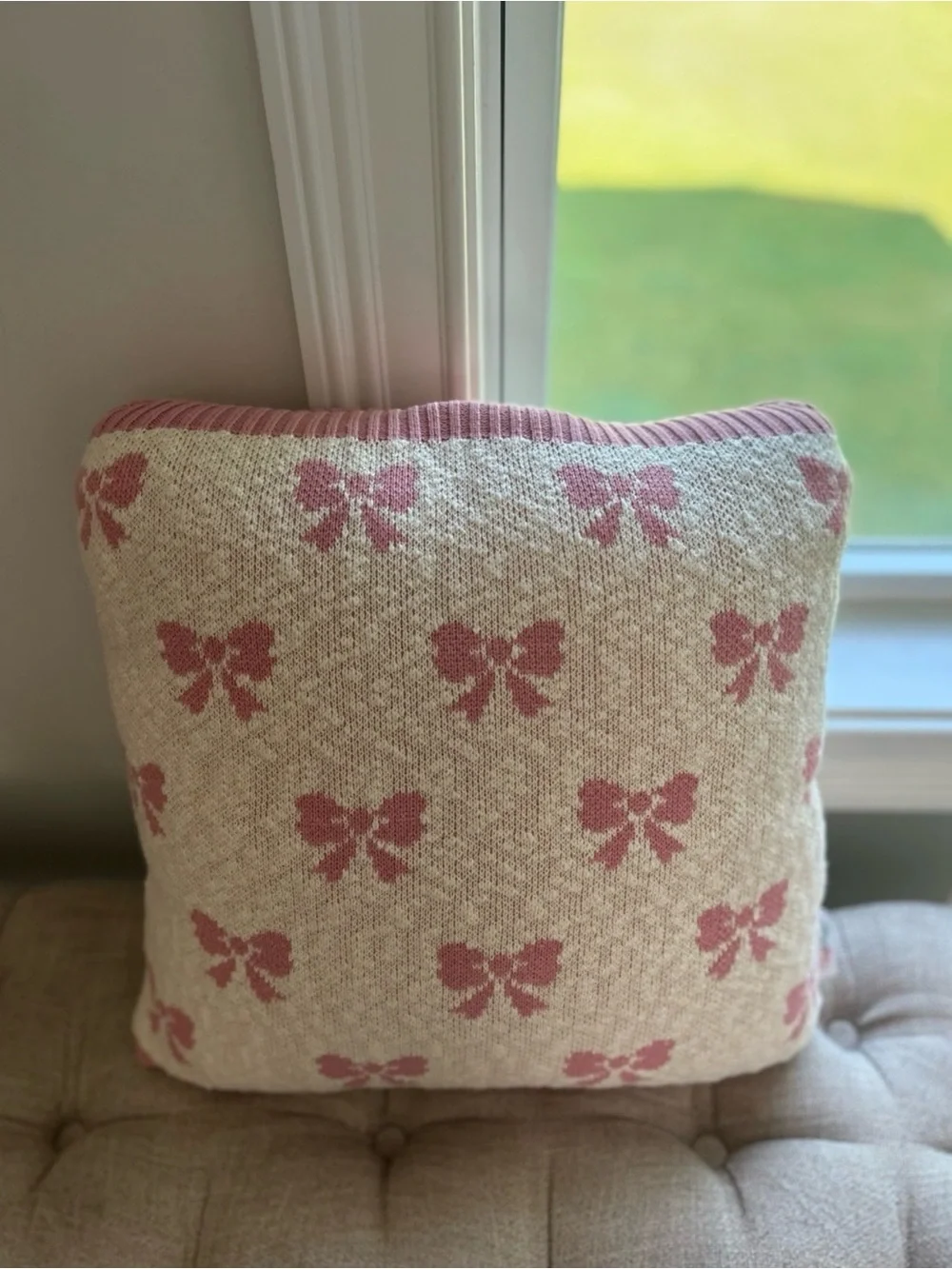 Cozy Knit Pink Bow Throw Pillow | Coquette / Grandmillennial Aesthetic